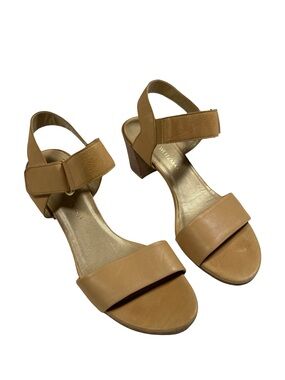 Stuart Weitzman Broadband Block Heel Sandals Sz 9.5 Ankle Strap Tan Minimalist